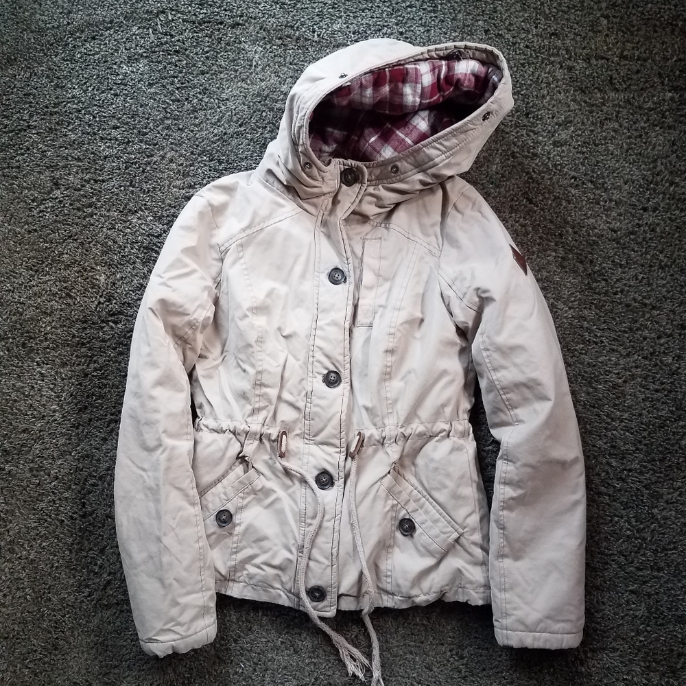 Hollister Anorak Jacket Size L Hooded Fleece Lined Beige Water Wind Resist Small